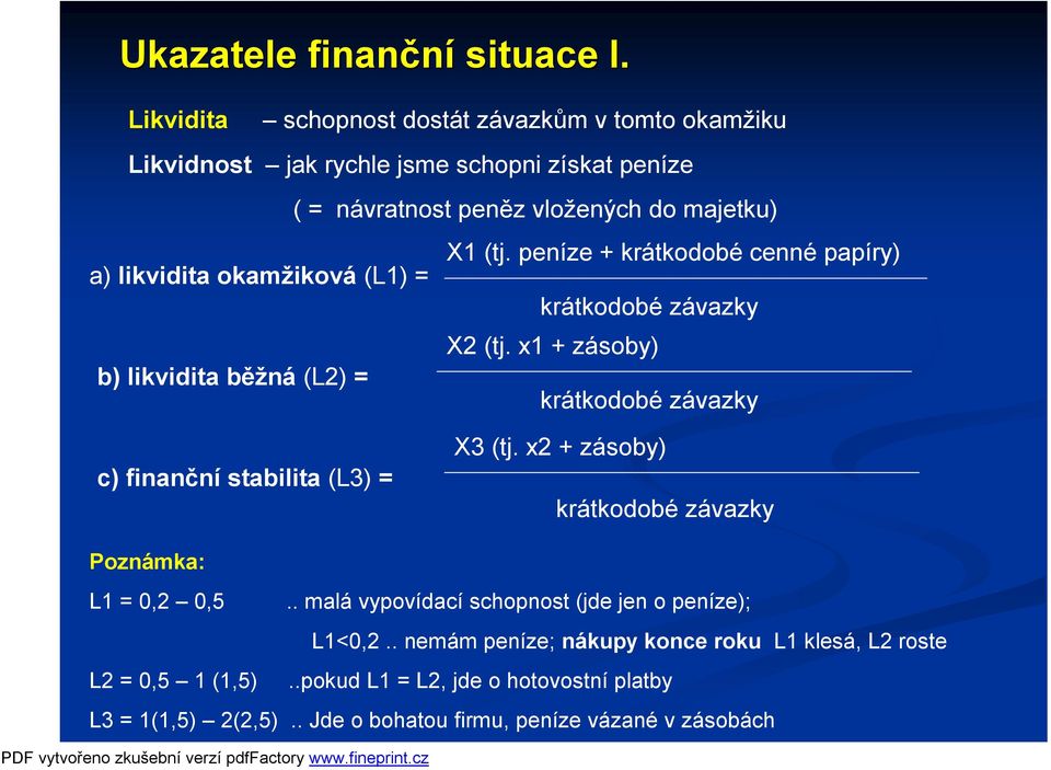 návratnost peněz vložených do majetku) X1 (tj. peníze + krátkodobé cenné papíry) krátkodobé závazky X2 (tj.