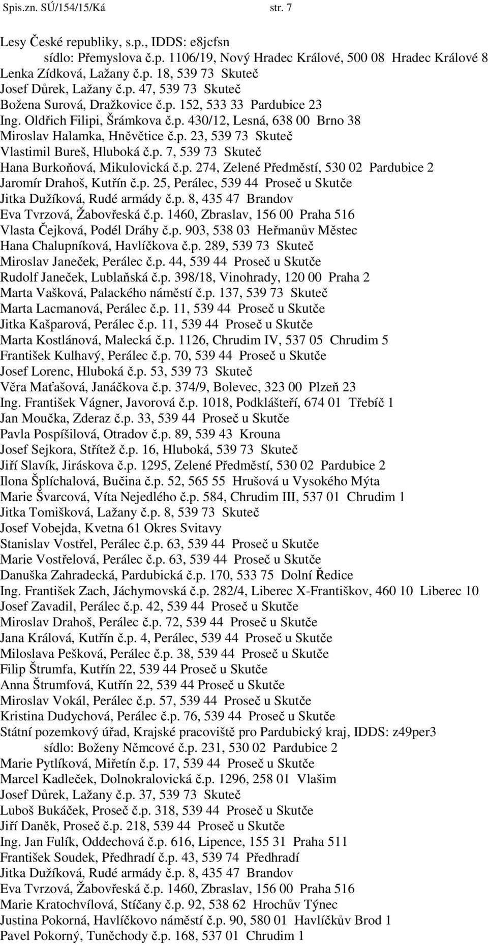 p. 7, 539 73 Skuteč Hana Burkoňová, Mikulovická č.p. 274, Zelené Předměstí, 530 02 Pardubice 2 Jaromír Drahoš, Kutřín č.p. 25,, 539 44 Proseč u Skutče Jitka Dužíková, Rudé armády č.p. 8, 435 47 Brandov Eva Tvrzová, Žabovřeská č.