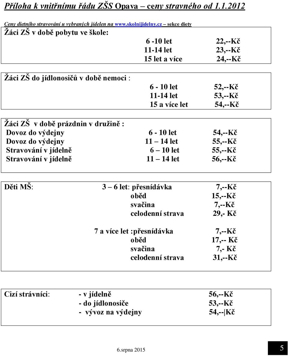54,--Kč Žáci ZŠ v době prázdnin v družině : Dovoz do výdejny 6-10 let 54,--Kč Dovoz do výdejny 11 14 let 55,--Kč Stravování v jídelně 6 10 let 55,--Kč Stravování v jídelně 11 14 let 56,--Kč Děti