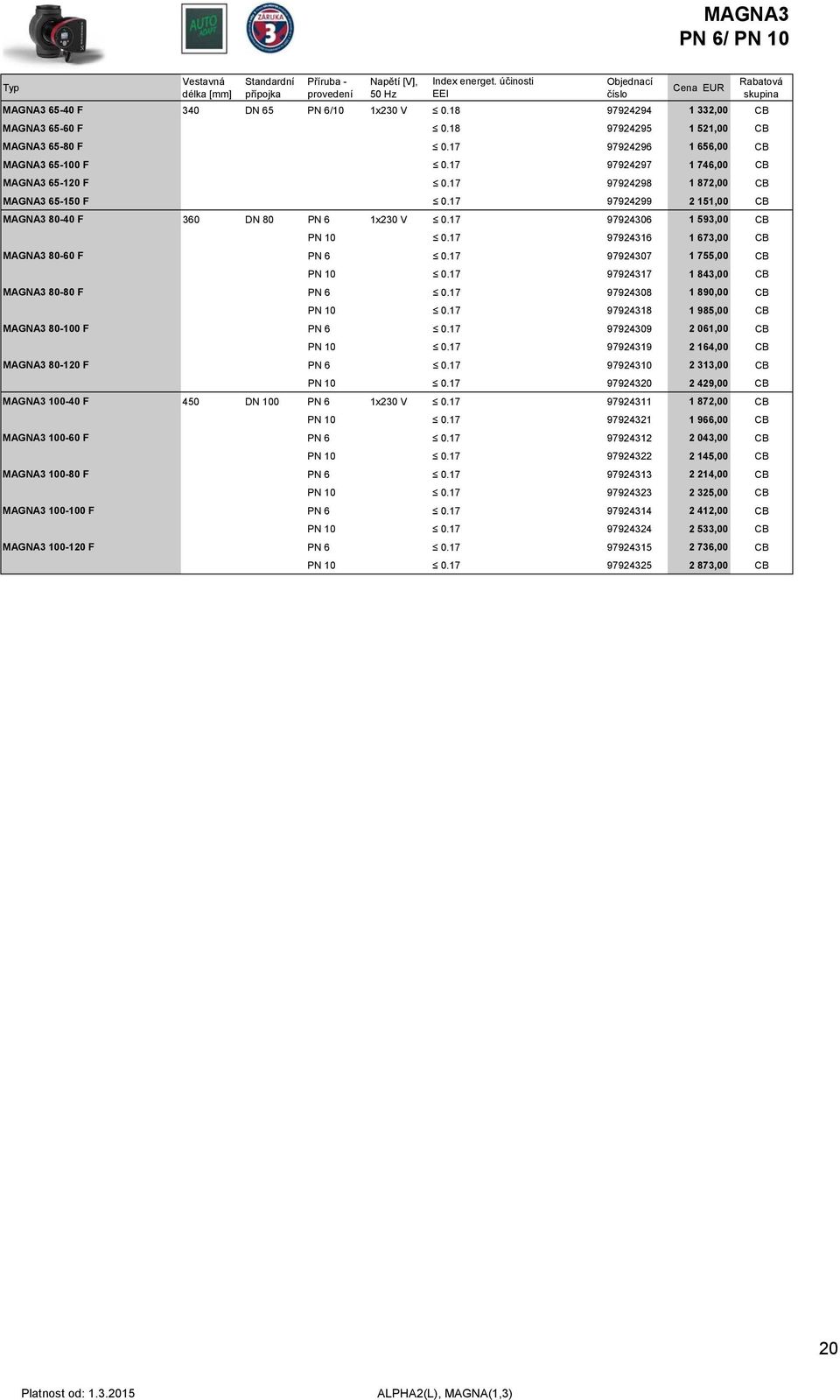 17 97924298 1 872,00 CB MAGNA3 65-150 F 0.17 97924299 2 151,00 CB MAGNA3 80-40 F 360 DN 80 PN 6 1x230 V 0.17 97924306 1 593,00 CB PN 10 0.17 97924316 1 673,00 CB MAGNA3 80-60 F PN 6 0.