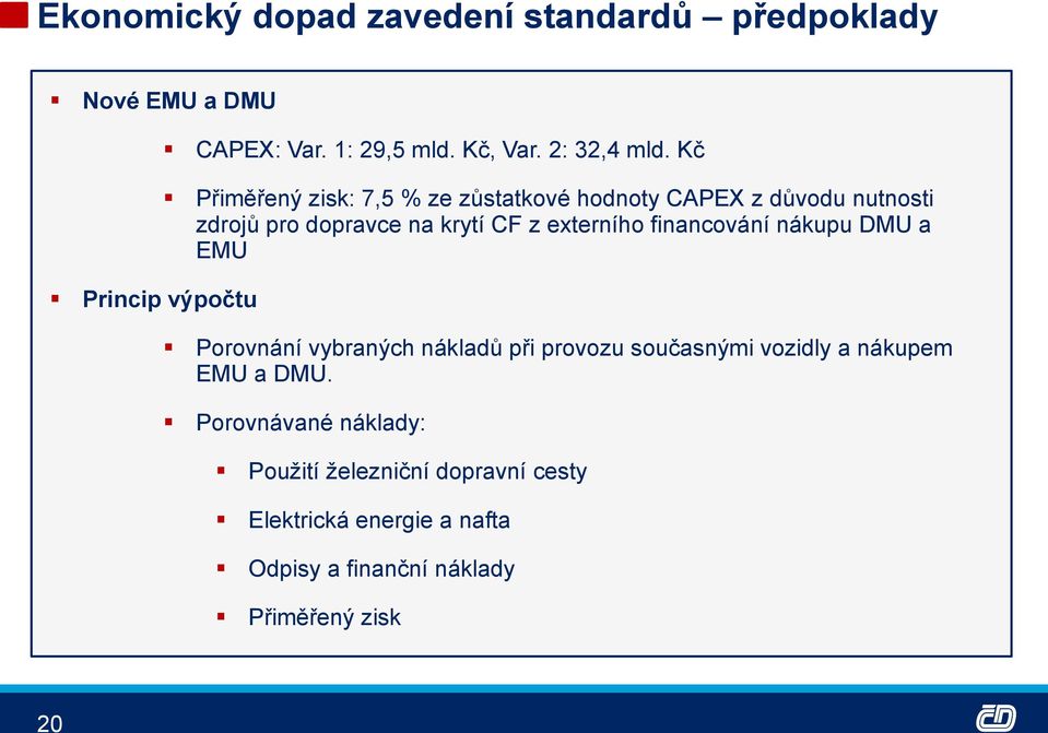 Kč Přiměřený zisk: 7,5 % ze zůstatkové hodnoty CAPEX z důvodu nutnosti zdrojů pro dopravce na krytí CF z externího