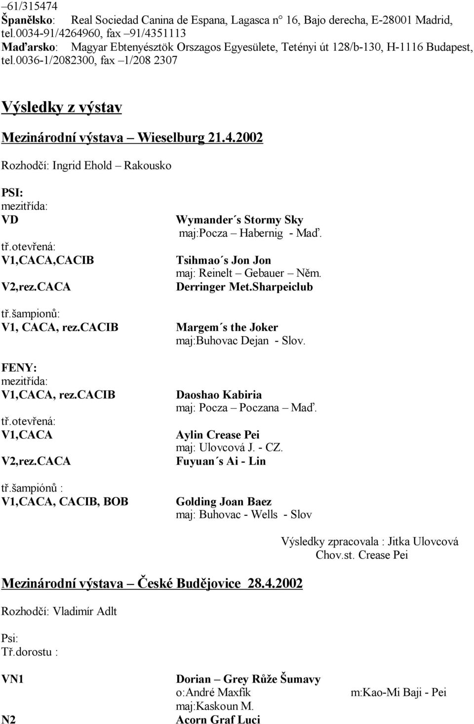 0036-1/2082300, fax 1/208 2307 Výsledky z výstav Mezinárodní výstava Wieselburg 21.4.2002 Rozhod í: Ingrid Ehold Rakousko PSI: mezit ída: VD t.otev ená: V1,CACA,CACIB V2,rez.