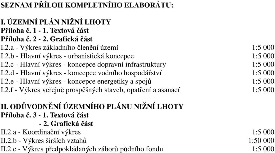 2.f - Výkres veřejně prospěšných staveb, opatření a asanací 1:5 000 II. ODŮVODNĚNÍ ÚZEMNÍHO PLÁNU NIŽNÍ LHOTY Příloha č. 3-1. Textová část - 2. Grafická část II.2.a - Koordinační výkres 1:5 000 II.