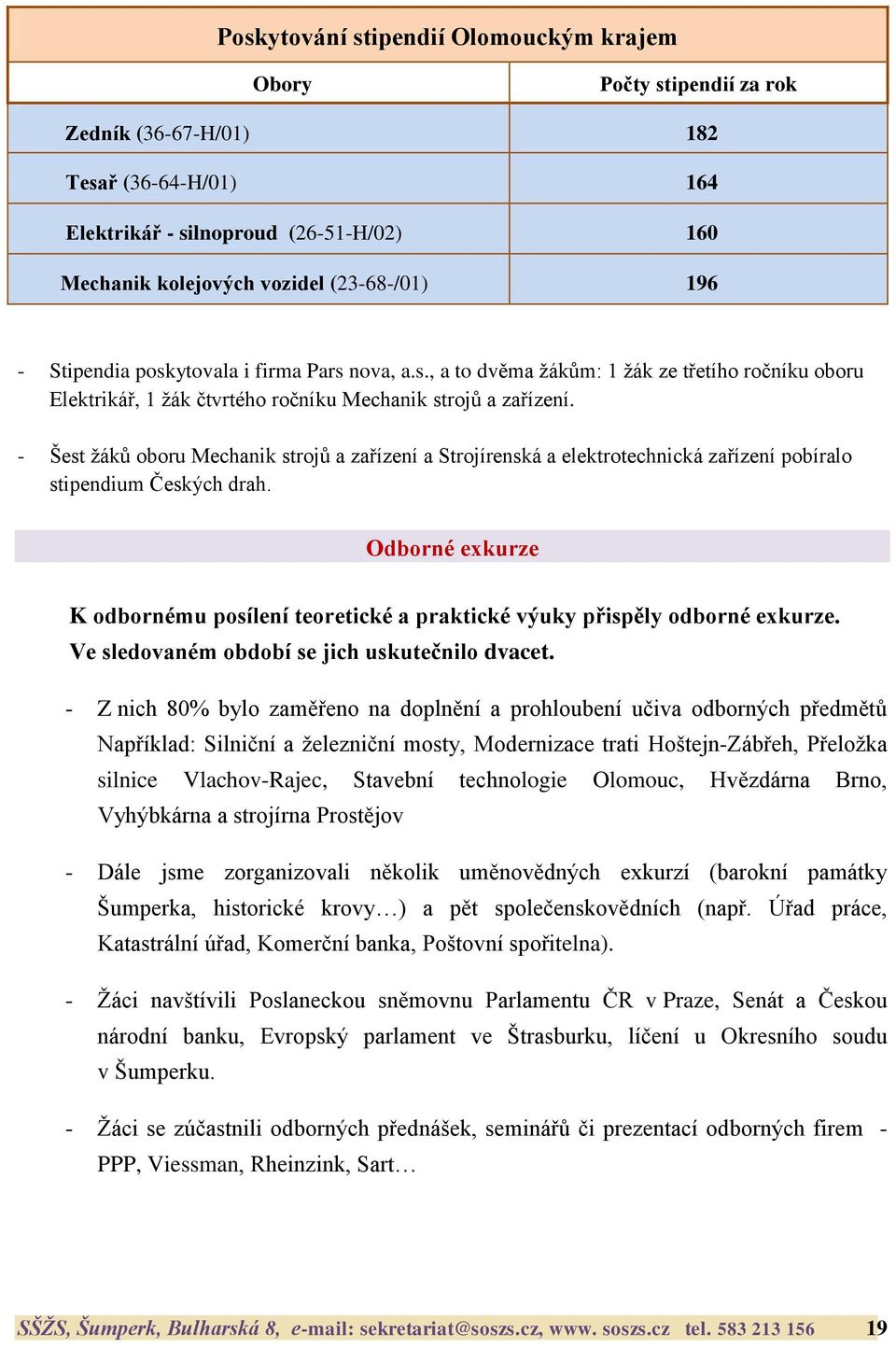 - Šest ţáků oboru Mechanik strojů a zařízení a Strojírenská a elektrotechnická zařízení pobíralo stipendium Českých drah.