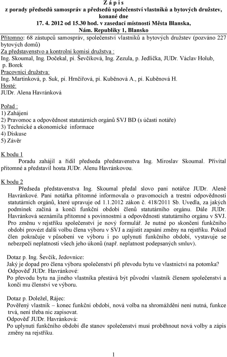 Dočekal, pí. Ševčíková, Ing. Zezula, p. Jedlička, JUDr. Václav Holub, p. Borek Pracovníci družstva: Ing. Martinková, p. Suk, pí. Hrnčířová, pí. Kuběnová A., pí. Kuběnová H. Hosté: JUDr.