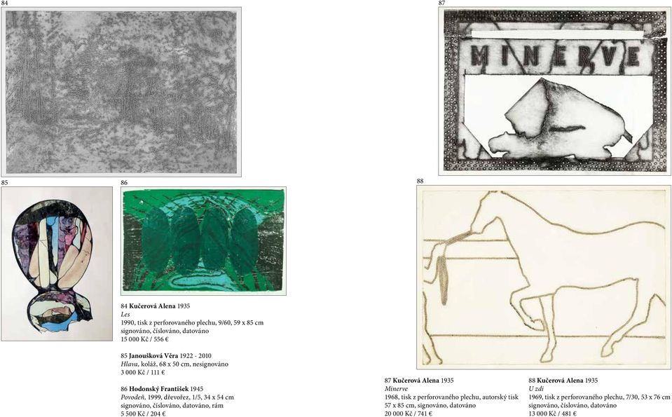 signováno, číslováno, datováno, rám 5 500 Kč / 204 87 Kučerová Alena 1935 Minerve 1968, tisk z perforovaného plechu, autorský tisk 57 x 85 cm,