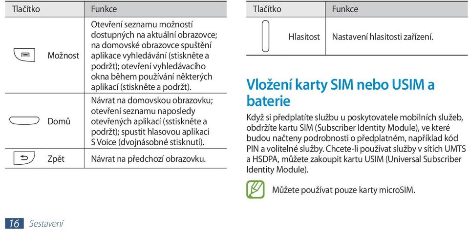 Návrat na domovskou obrazovku; otevření seznamu naposledy otevřených aplikací (sstiskněte a podržt); spustit hlasovou aplikaci S Voice (dvojnásobné stisknutí). Návrat na předchozí obrazovku.