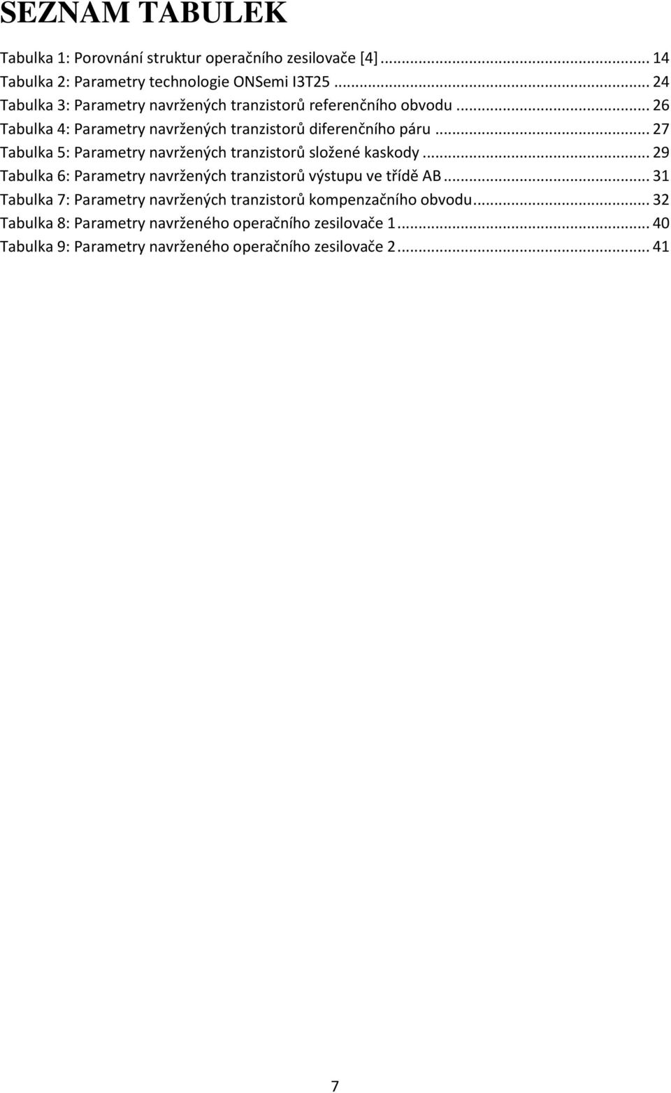 .. 27 Tabulka 5: Parametry navržených tranzistorů složené kaskody... 29 Tabulka 6: Parametry navržených tranzistorů výstupu ve třídě AB.