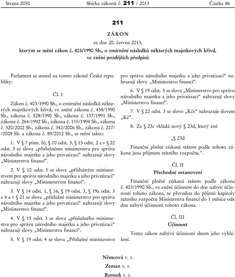 , o zmírnění následků některých majetkových křivd, ve znění zákona č. 458/1990 Sb., zákona č. 528/1990 Sb., zákona č. 137/1991 Sb., zákona č. 264/1992 Sb., zákona č. 115/1994 Sb., zákona č. 320/2002 Sb.