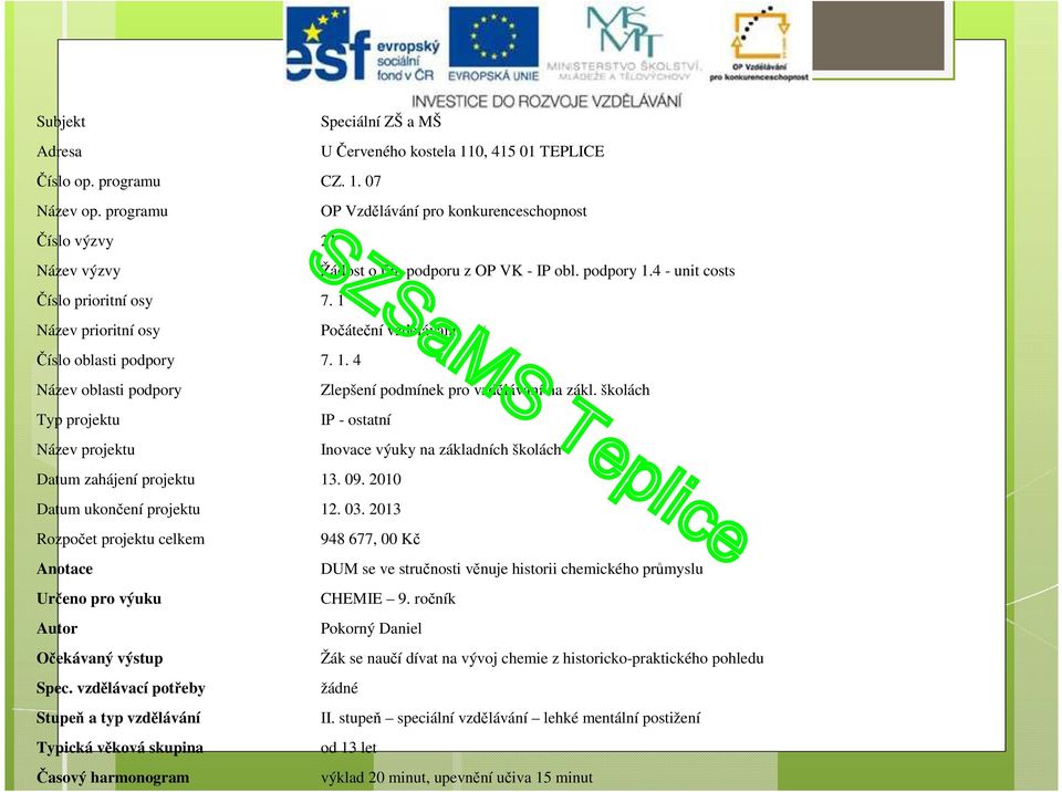 školách Typ projektu IP - ostatní Název projektu Inovace výuky na základních školách Datum zahájení projektu 13. 09. 2010 Datum ukončení projektu 12. 03.