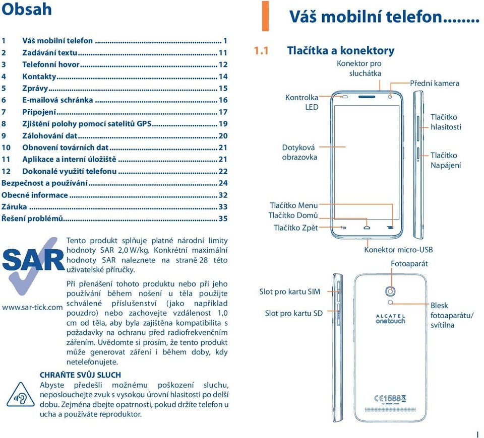 národní limity hodnoty SAR 2,0 W/kg. Konkrétní maximální hodnoty SAR naleznete na straně 28 této uživatelské příručky.