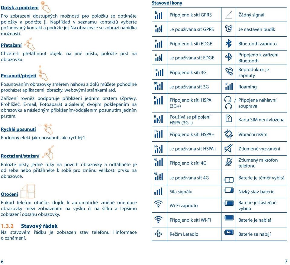 Posunutí/přejetí Posunováním obrazovky směrem nahoru a dolů můžete pohodlně procházet aplikacemi, obrázky, webovými stránkami atd.