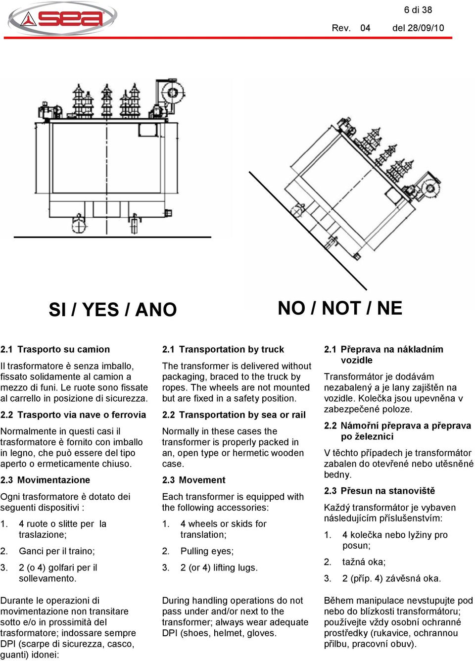 2 Trasporto via nave o ferrovia Normalmente in questi casi il trasformatore è fornito con imballo in legno, che può essere del tipo aperto o ermeticamente chiuso. 2.