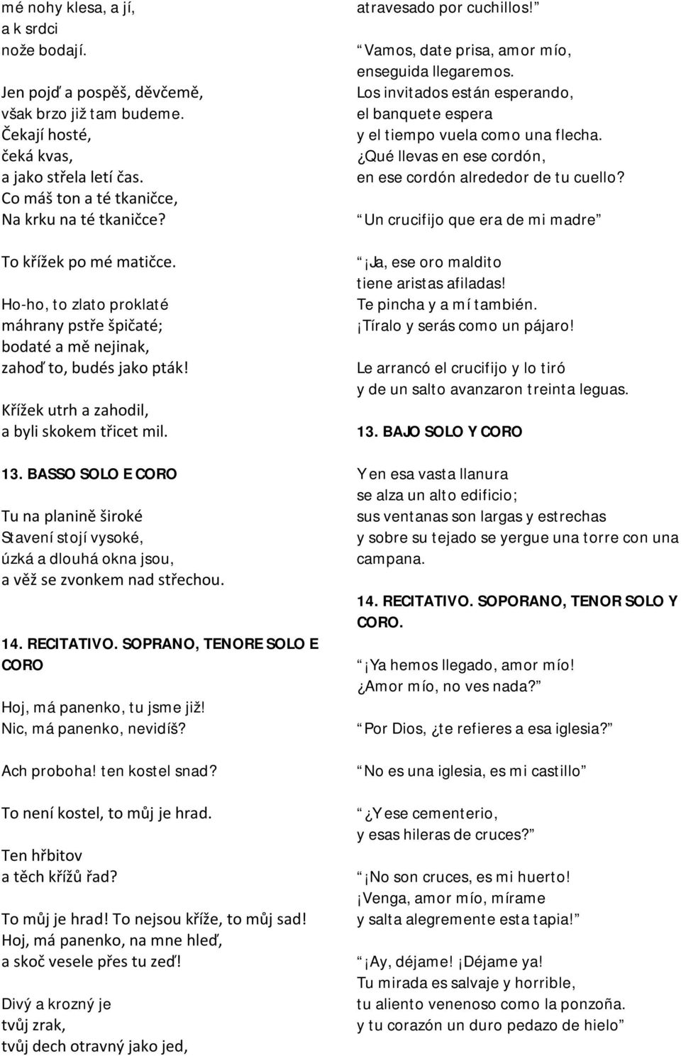 BASSO SOLO E CORO Tu na planině široké Stavení stojí vysoké, úzká a dlouhá okna jsou, a věž se zvonkem nad střechou. 14. RECITATIVO. SOPRANO, TENORE SOLO E CORO Hoj, má panenko, tu jsme již!