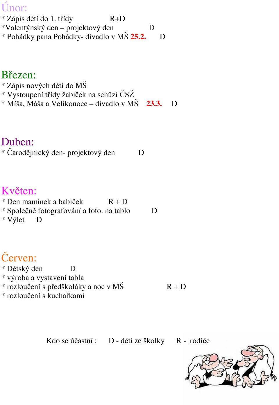 3. D Duben: * Čarodějnický den- projektový den D Květen: * Den maminek a babiček R + D * Společné fotografování a foto.