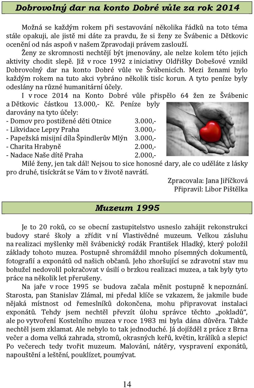 Již v roce 1992 z iniciativy Oldřišky Dobešové vznikl Dobrovolný dar na konto Dobré vůle ve Švábenicích. Mezi ženami bylo každým rokem na tuto akci vybráno několik tisíc korun.