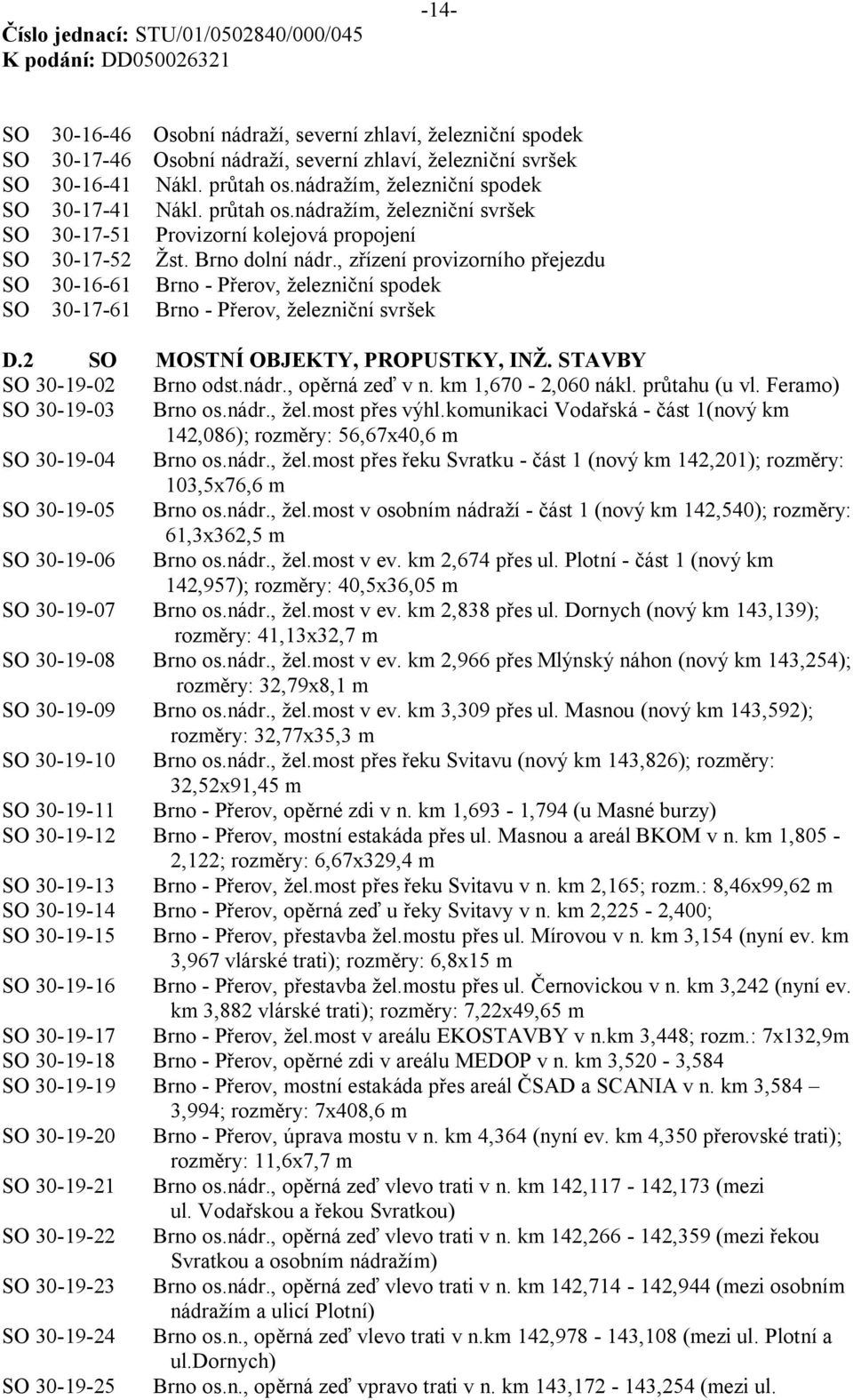 , zřízení provizorního přejezdu SO 30-16-61 Brno - Přerov, železniční spodek SO 30-17-61 Brno - Přerov, železniční svršek D.2 SO MOSTNÍ OBJEKTY, PROPUSTKY, INŽ. STAVBY SO 30-19-02 Brno odst.nádr.