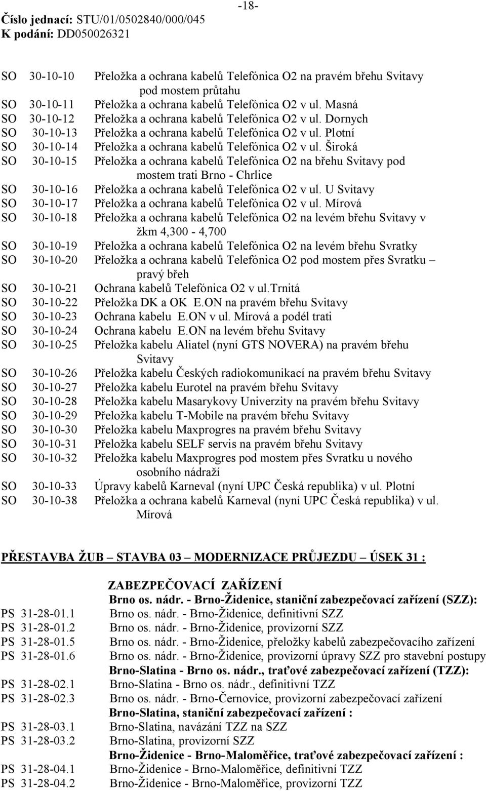 Široká SO 30-10-15 Přeložka a ochrana kabelů Telefónica O2 na břehu Svitavy pod mostem trati Brno - Chrlice SO 30-10-16 Přeložka a ochrana kabelů Telefónica O2 v ul.