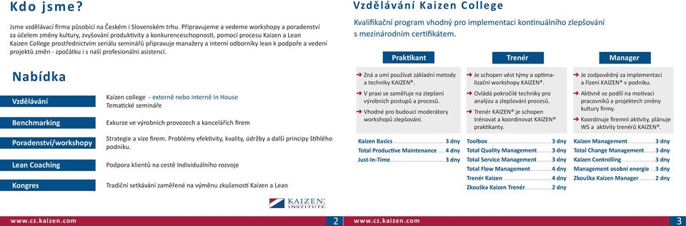 připravuje manažery a interní odborníky lean k podpoře a vedení projektů změn - zpočátku i s naší profesionální asistencí.