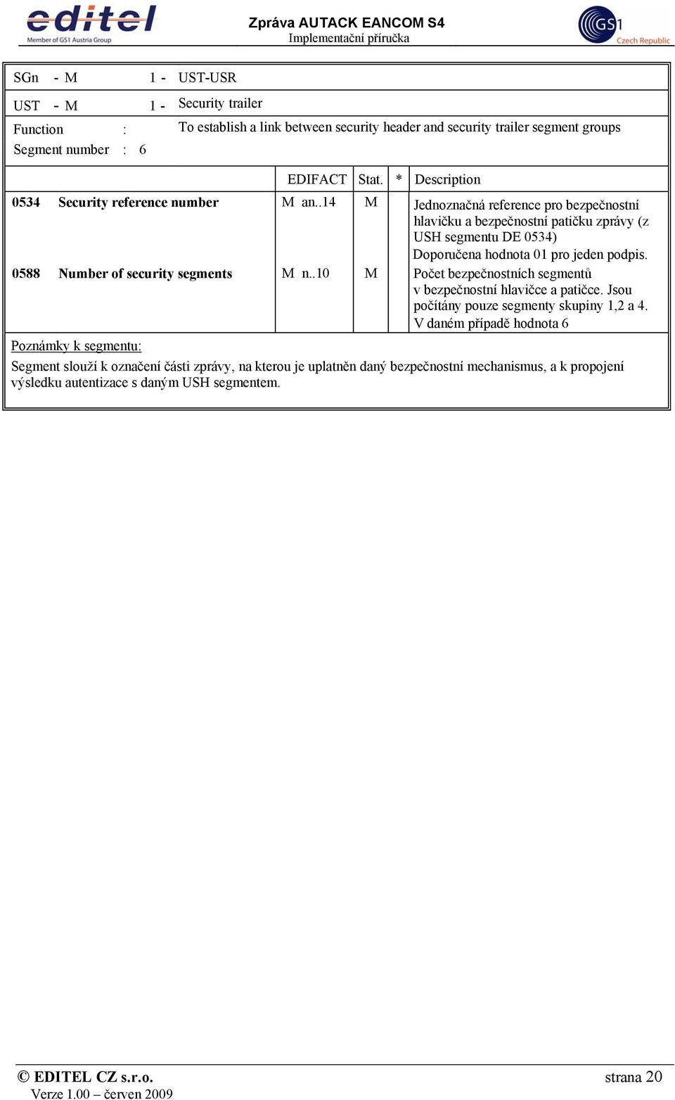 .14 M Jednoznačná reference pro bezpečnostní hlavičku a bezpečnostní patičku zprávy (z USH segmentu DE 0534) Doporučena hodnota 01 pro jeden podpis.