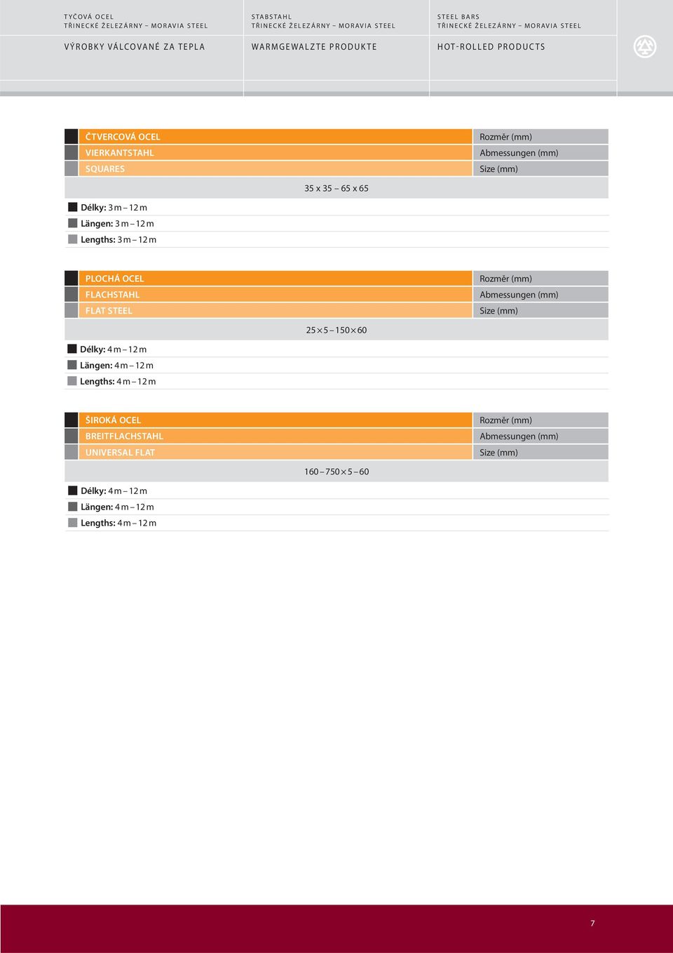PLOCHÁ OCEL FLACHSTAHL FLAT STEEL 25 5 150 60 Délky: 4 m 12 m Längen: 4 m 12 m Lengths: 4 m 12