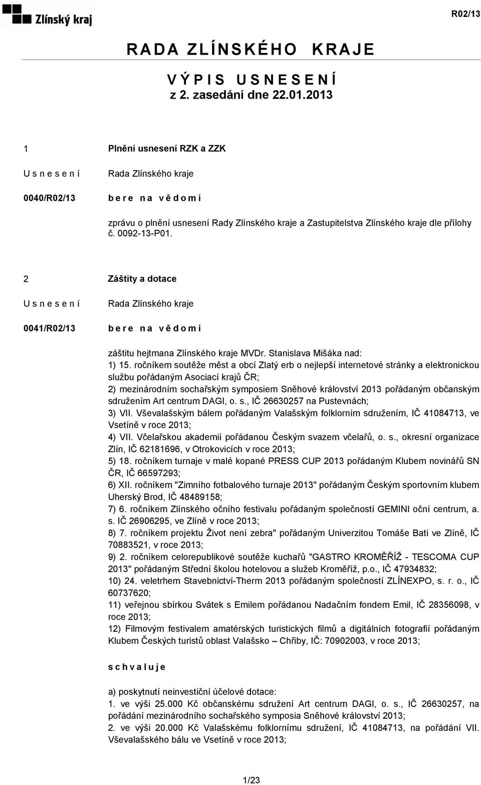 2 Záštity a dotace 0041/R02/13 bere na vědomí záštitu hejtmana Zlínského kraje MVDr. Stanislava Mišáka nad: 1) 15.