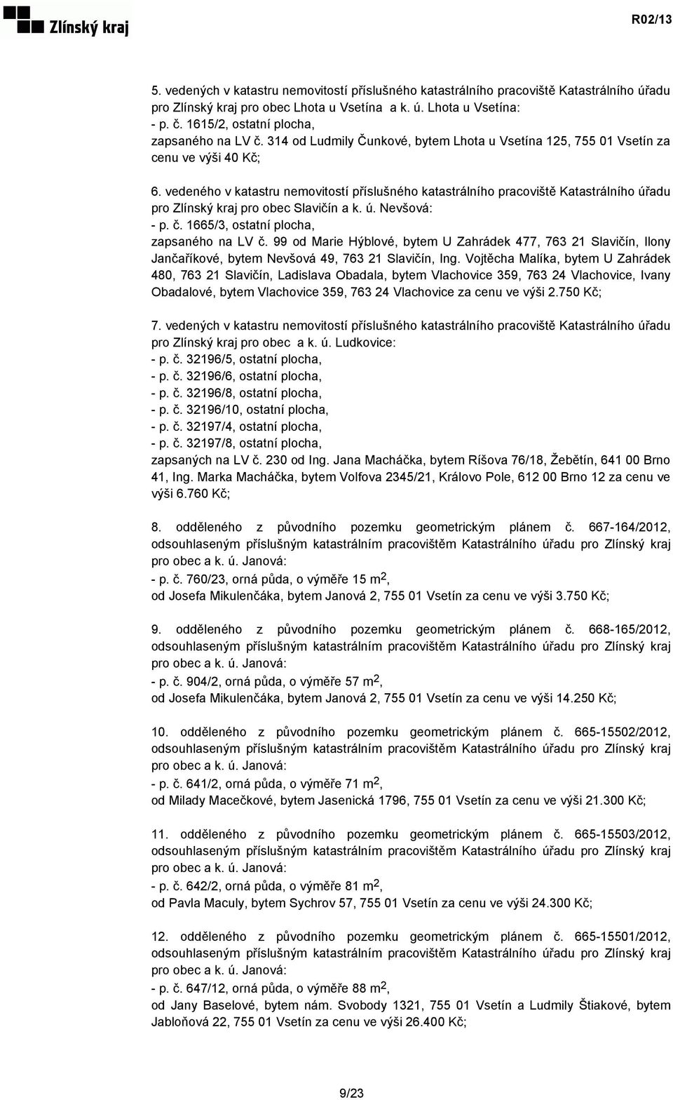 vedeného v katastru nemovitostí příslušného katastrálního pracoviště Katastrálního úřadu pro Zlínský kraj pro obec Slavičín a k. ú. Nevšová: - p. č. 1665/3, ostatní plocha, zapsaného na LV č.