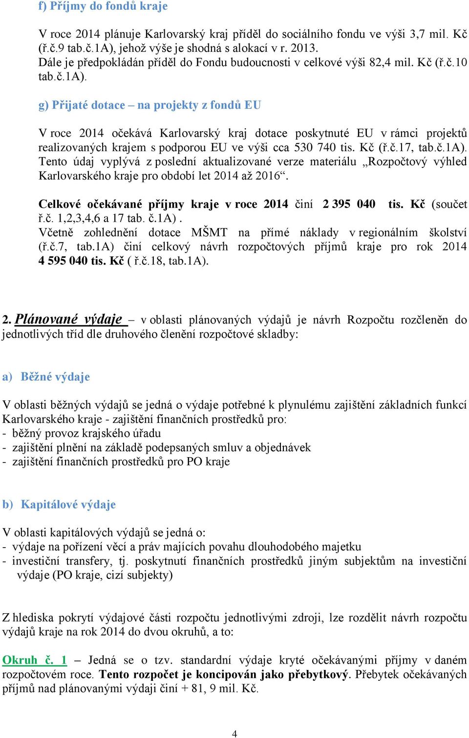 g) Přijaté dotace na projekty z fondů EU V roce 2014 očekává Karlovarský kraj dotace poskytnuté EU v rámci projektů realizovaných krajem s podporou EU ve výši cca 530 740 tis. Kč (ř.č.17, tab.č.1a).