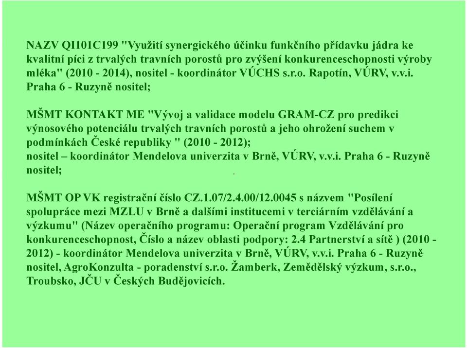 Praha 6 - Ruzyně nositel; MŠMT KONTAKT ME "Vývoj a validace modelu GRAM-CZ pro predikci výnosového potenciálu trvalých travních porostů a jeho ohrožení suchem v podmínkách České republiky "