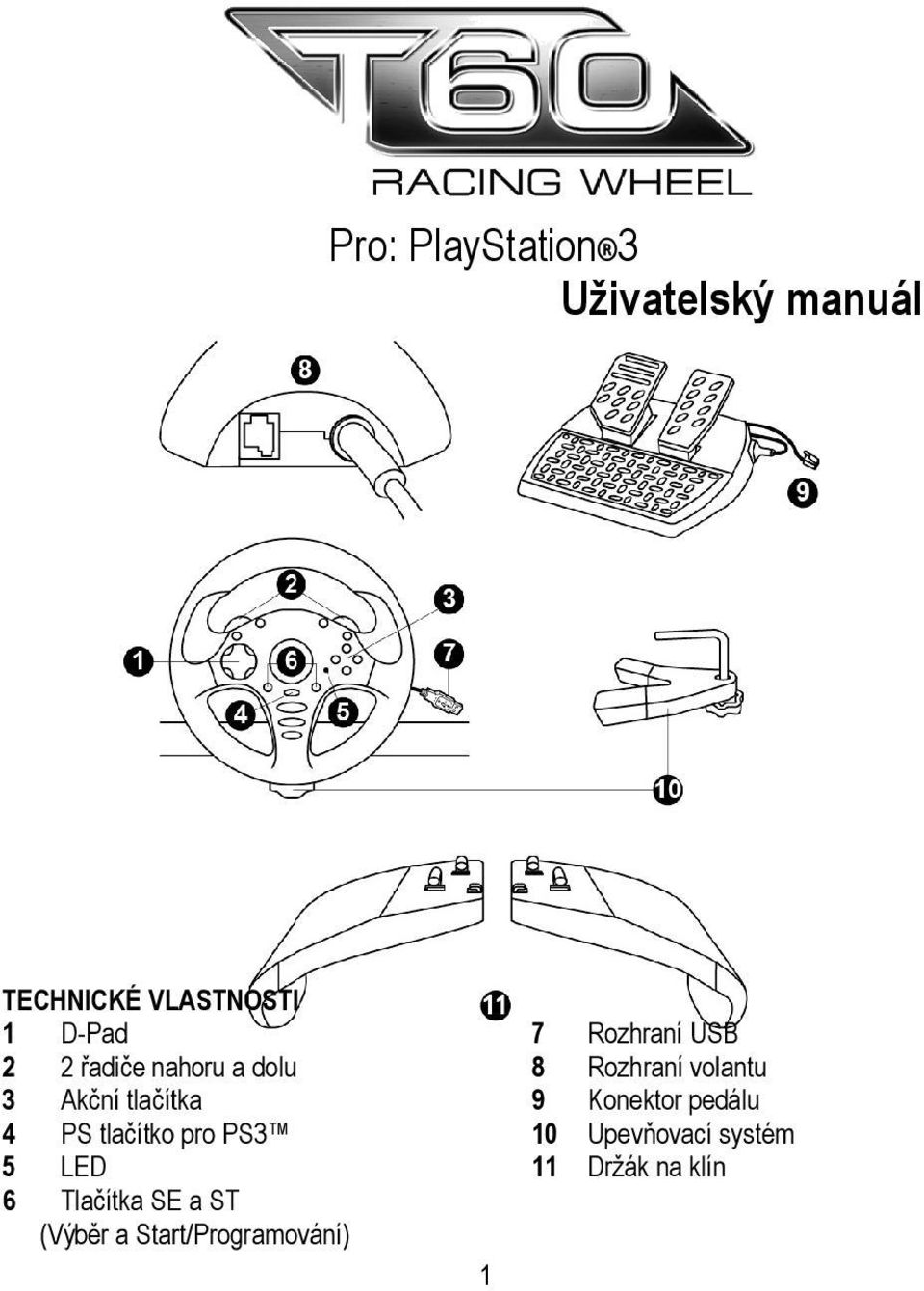 tlačítka 9 Konektor pedálu 4 PS tlačítko pro PS3 10 Upevňovací