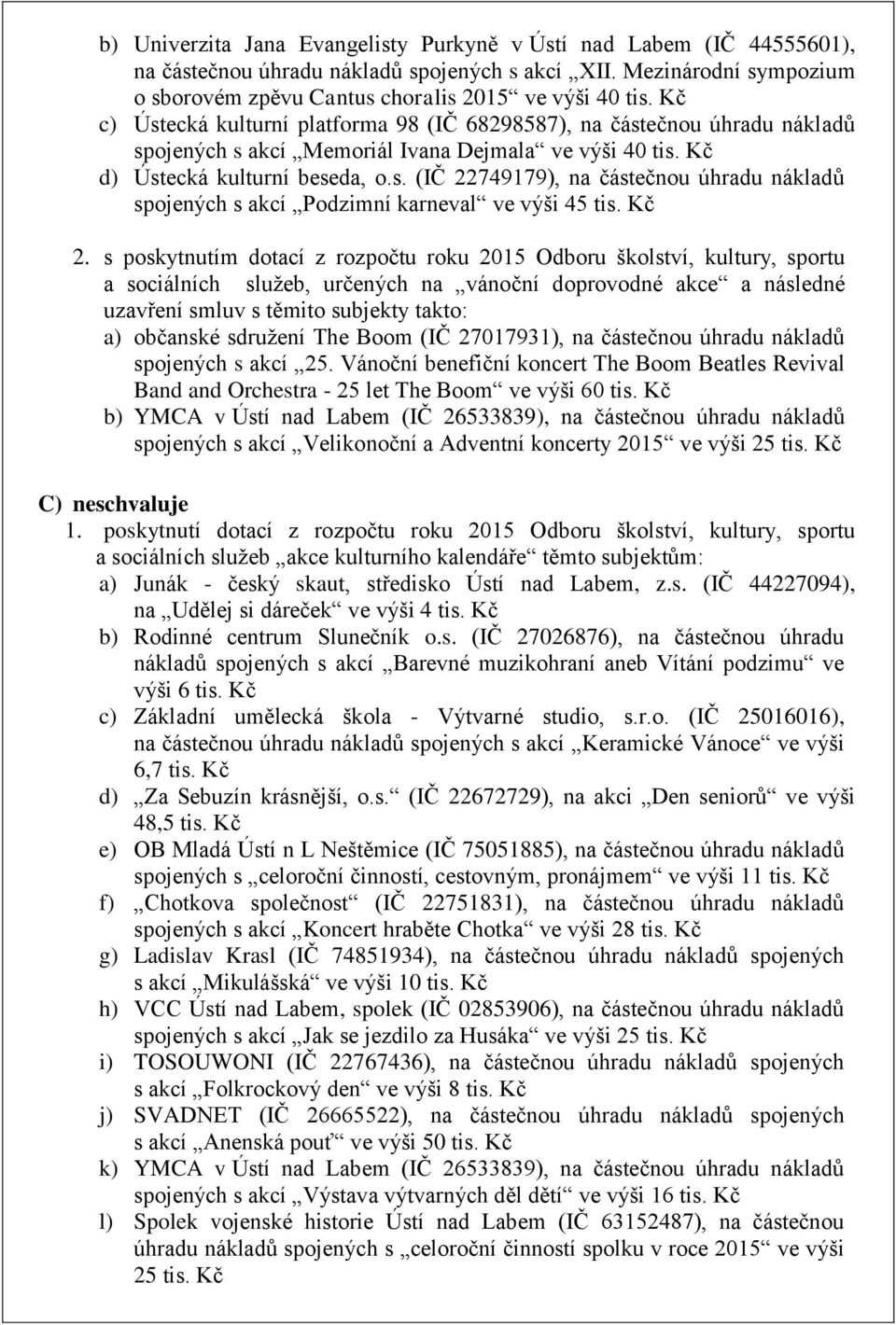 Kč 2. s poskytnutím dotací z rozpočtu roku 2015 Odboru školství, kultury, sportu a sociálních služeb, určených na vánoční doprovodné akce a následné uzavření smluv s těmito subjekty takto: a)