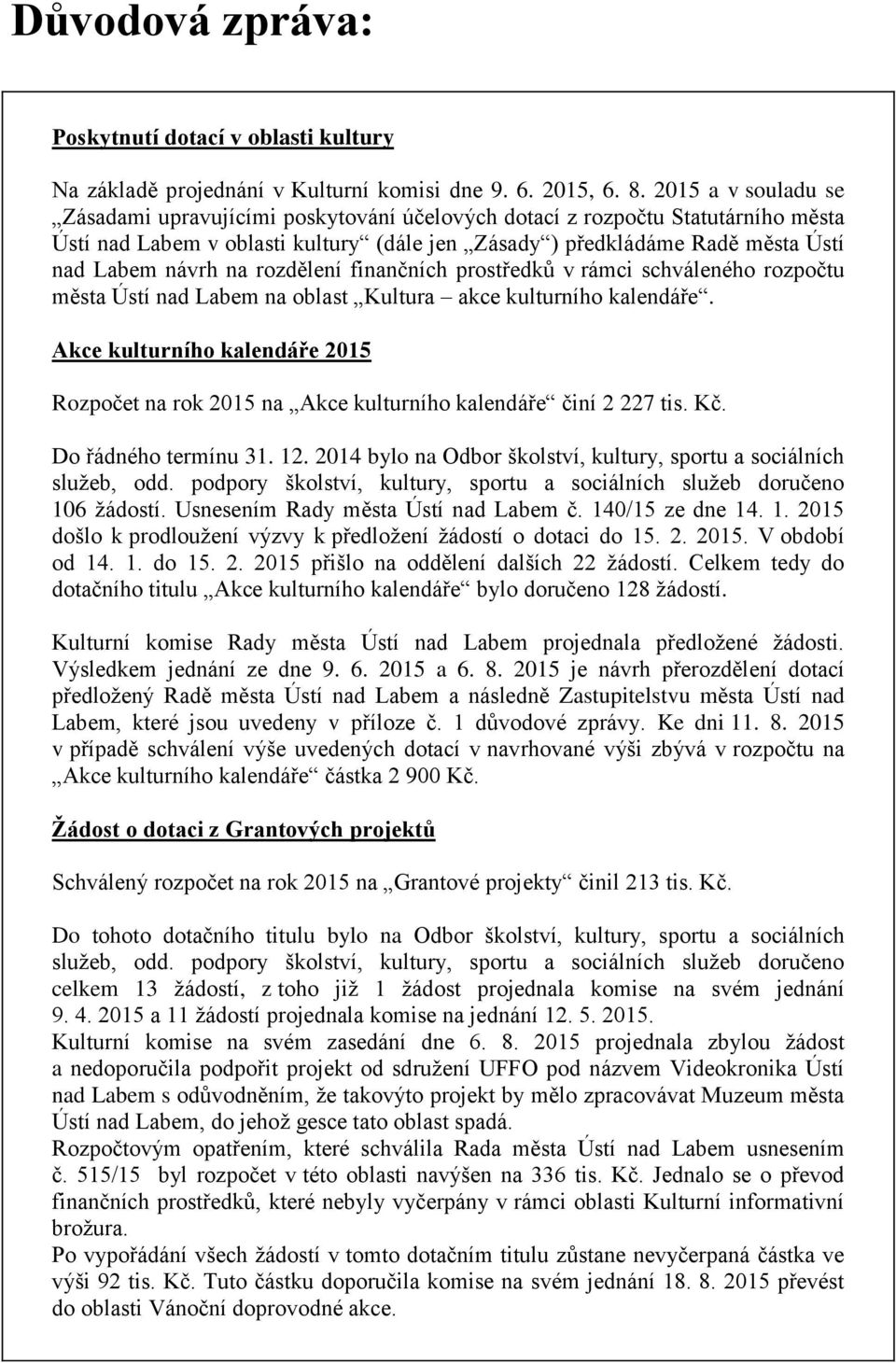 rozdělení finančních prostředků v rámci schváleného rozpočtu města Ústí nad Labem na oblast Kultura akce kulturního kalendáře.