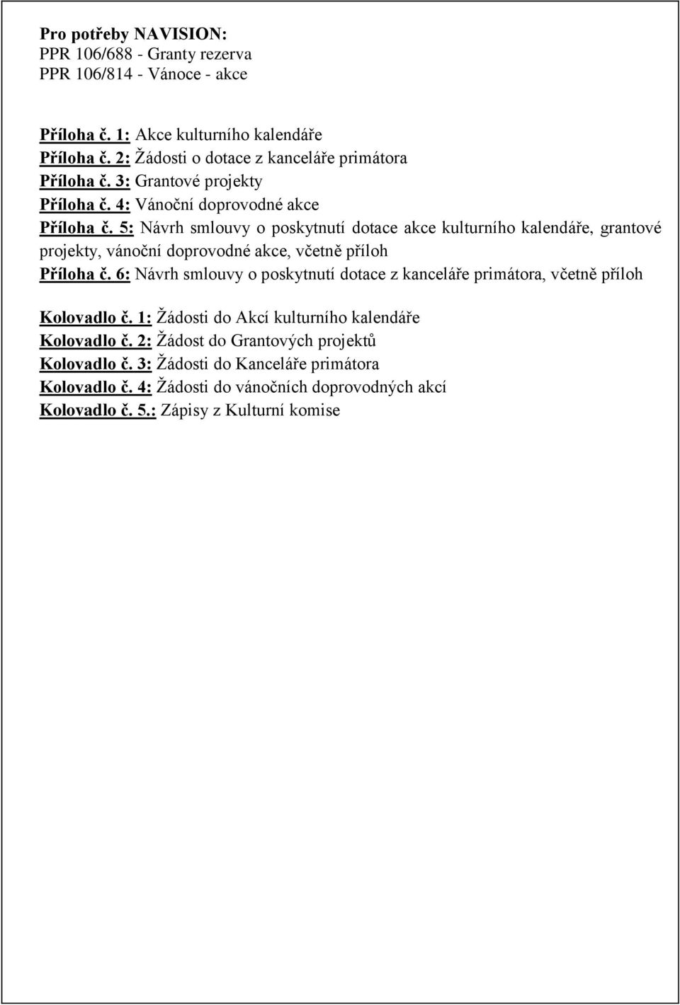 5: Návrh smlouvy o poskytnutí dotace akce kulturního kalendáře, grantové projekty, vánoční doprovodné akce, včetně příloh Příloha č.
