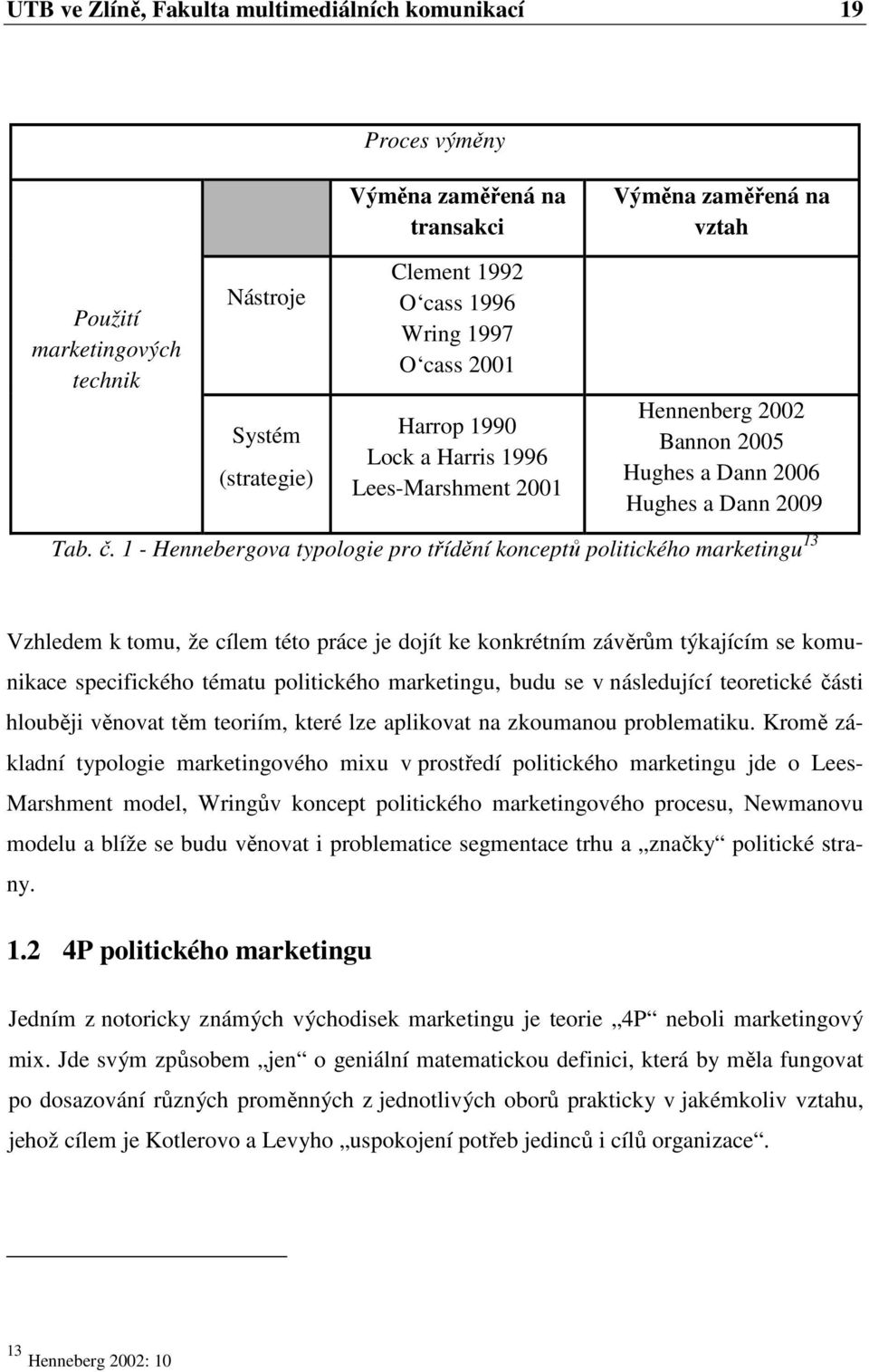 1 - Hennebergova typologie pro třídění konceptů politického marketingu 13 Vzhledem k tomu, že cílem této práce je dojít ke konkrétním závěrům týkajícím se komunikace specifického tématu politického