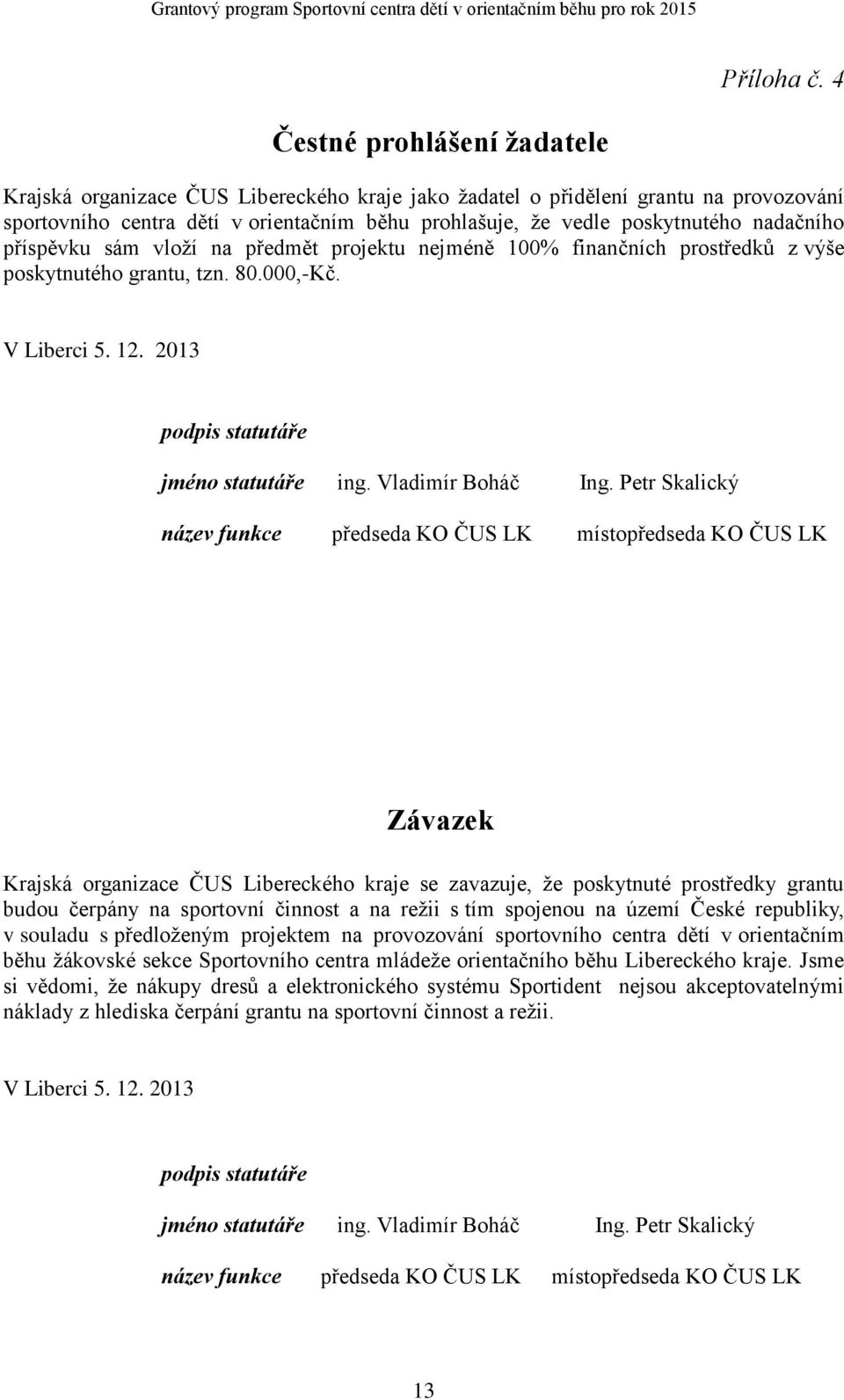 nadačního příspěvku sám vloží na předmět projektu nejméně 100% finančních prostředků z výše poskytnutého grantu, tzn. 80.000,-Kč. V Liberci 5. 12. 2013 podpis statutáře jméno statutáře ing.