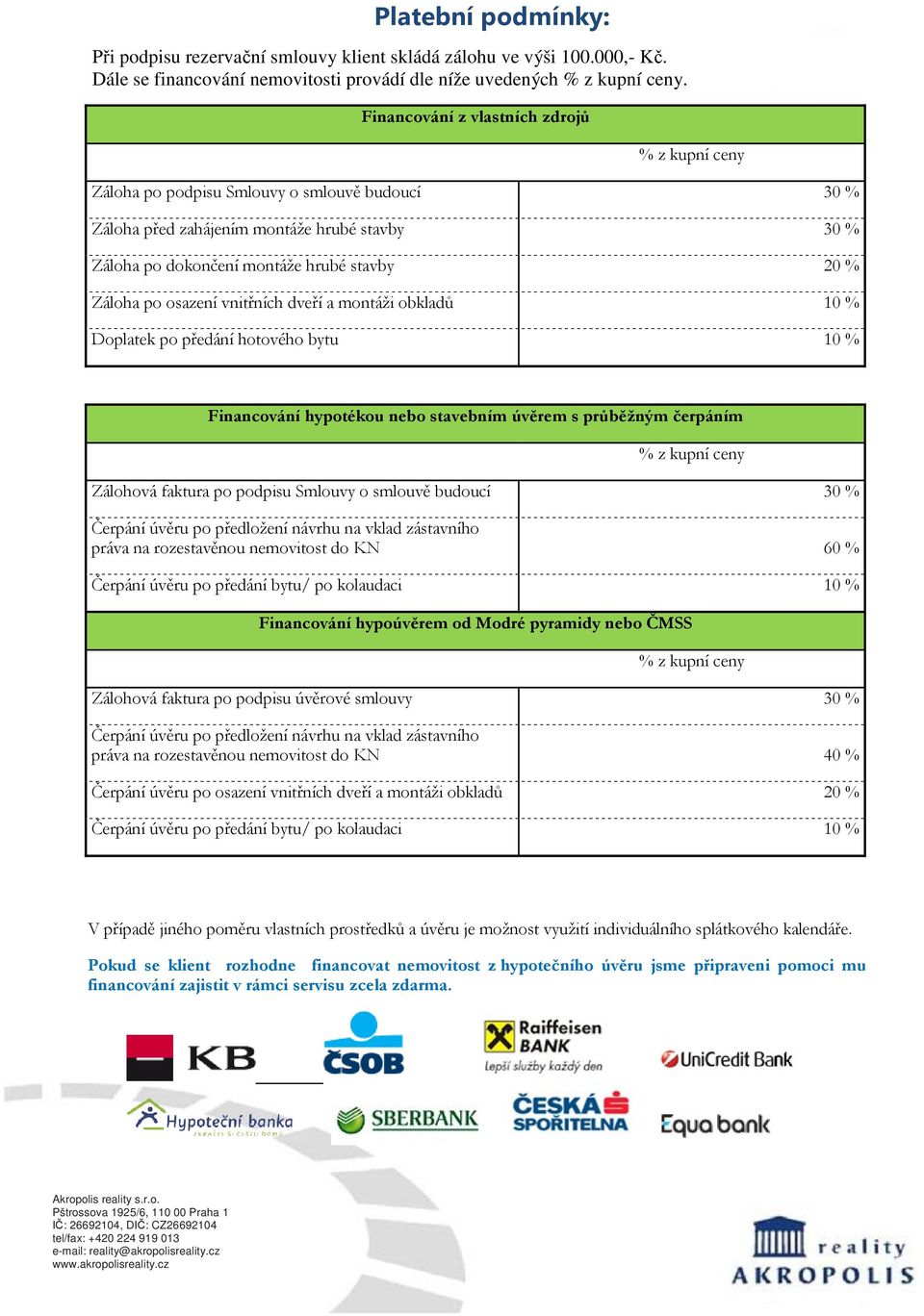 osazení vnitřních dveří a montáži obkladů 10 % Doplatek po předání hotového bytu 10 % Financování hypotékou nebo stavebním úvěrem s průběžným čerpáním % z kupní ceny Zálohová faktura po podpisu
