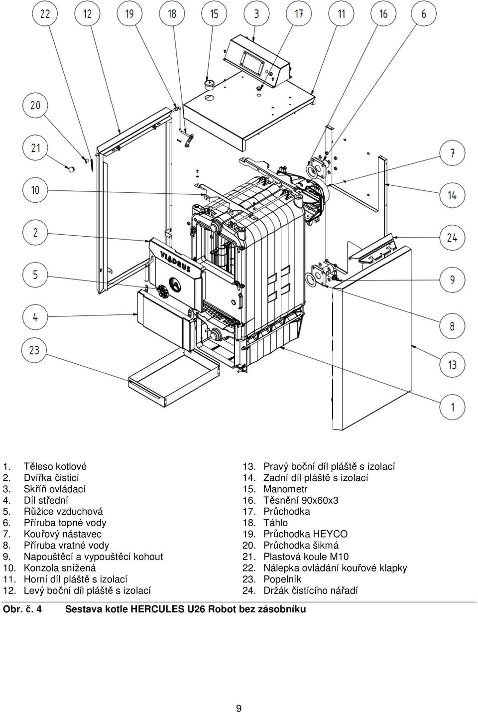 4 Sestava kotle HERCULES U26 Robot bez zásobníku 13. Pravý boční díl pláště s izolací 14. Zadní díl pláště s izolací 15. Manometr 16.