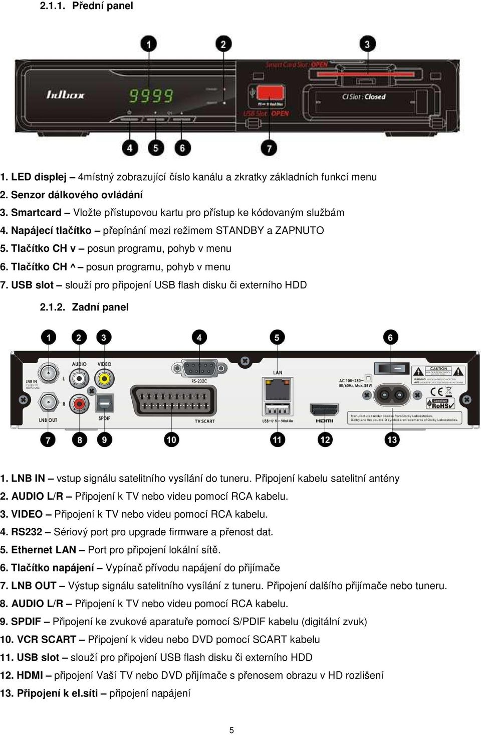 Tlačítko CH ^ posun programu, pohyb v menu 7. USB slot slouží pro připojení USB flash disku či externího HDD 2.1.2. Zadní panel 1. LNB IN vstup signálu satelitního vysílání do tuneru.