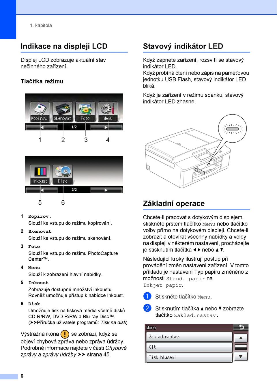 Slouží ke vstupu do režimu kopírování. 2 Skenovat Slouží ke vstupu do režimu skenování. 3 Foto Slouží ke vstupu do režimu PhotoCapture Center. 4 Menu Slouží k zobrazení hlavní nabídky.