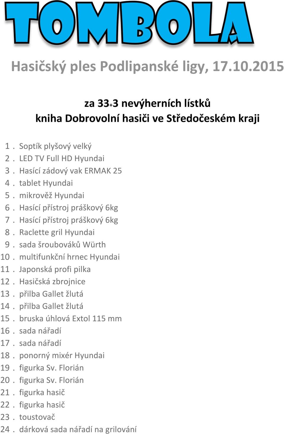 sada šroubováků Würth 10. multifunkční hrnec Hyundai 11. Japonská profi pilka 12. Hasičská zbrojnice 13. přilba Gallet žlutá 14. přilba Gallet žlutá 15.