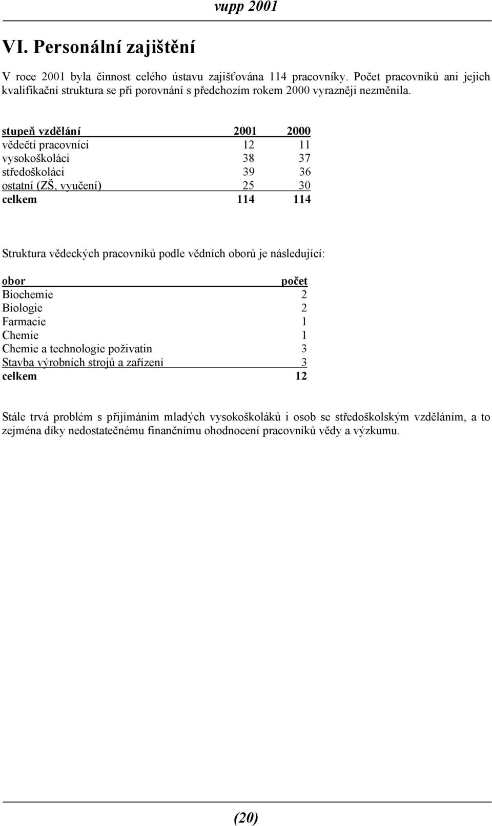 stupeň vzdělání 2001 2000 vědečtí pracovníci 12 11 vysokoškoláci 38 37 středoškoláci 39 36 ostatní (ZŠ, vyučení) 25 30 celkem 114 114 Struktura vědeckých pracovníků podle vědních