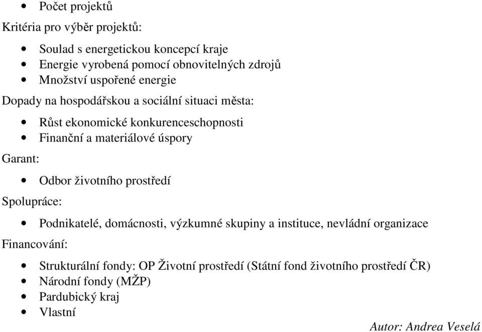 ekonomické konkurenceschopnosti Finanční a materiálové úspory Garant: Podnikatelé,