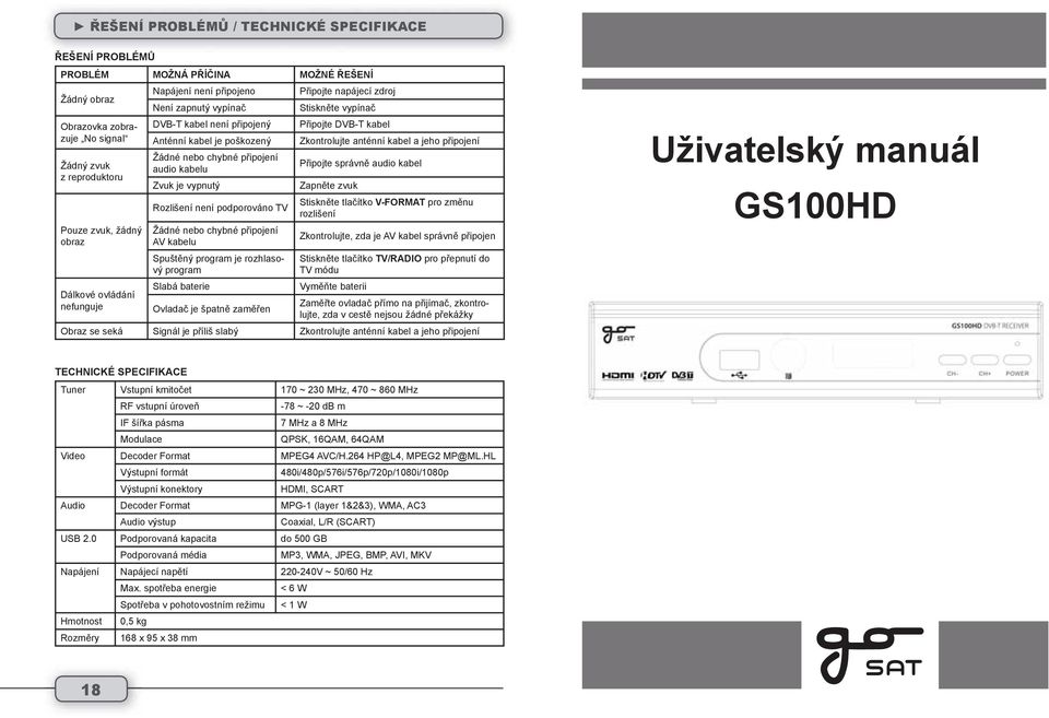 Žádné nebo chybné připojení AV kabelu Spuštěný program je rozhlasový program Slabá baterie Ovladač je špatně zaměřen Připojte napájecí zdroj Stiskněte vypínač Připojte DVB-T kabel Zkontrolujte