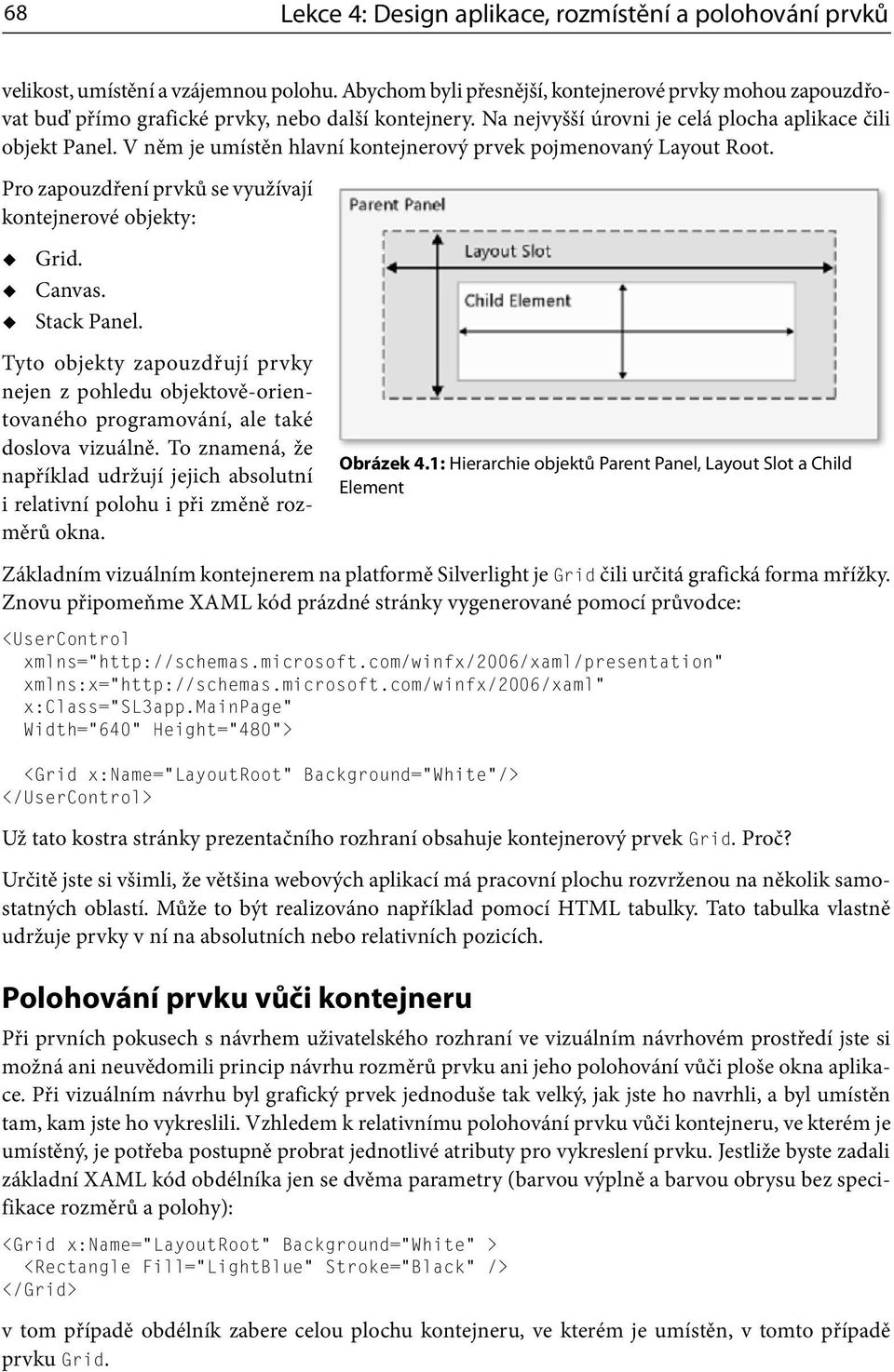 V něm je umístěn hlavní kontejnerový prvek pojmenovaný Layout Root. Pro zapouzdření prvků se využívají kontejnerové objekty: Grid. Canvas. Stack Panel.