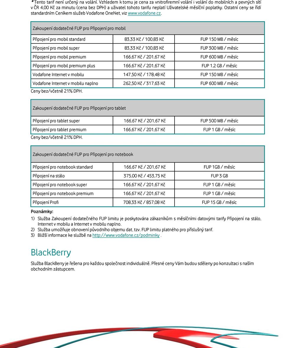Ostatní ceny se řídí standardním Ceníkem služeb Vodafone OneNet, viz www.vodafone.cz.