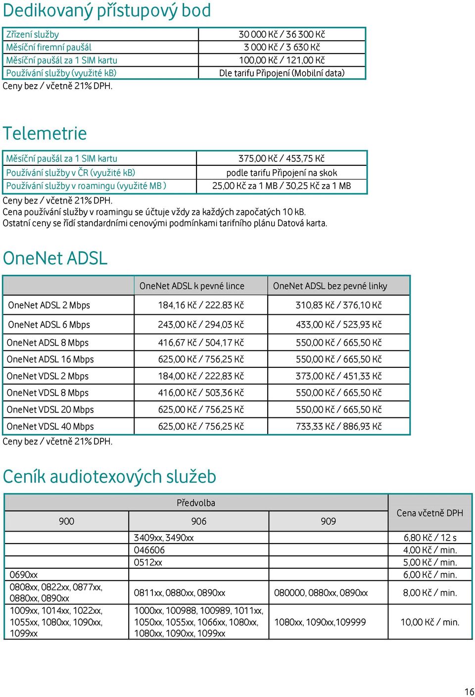 25,00 Kč za 1 MB / 30,25 Kč za 1 MB Cena používání služby v roamingu se účtuje vždy za každých započatých 10 kb. Ostatní ceny se řídí standardními cenovými podmínkami tarifního plánu Datová karta.