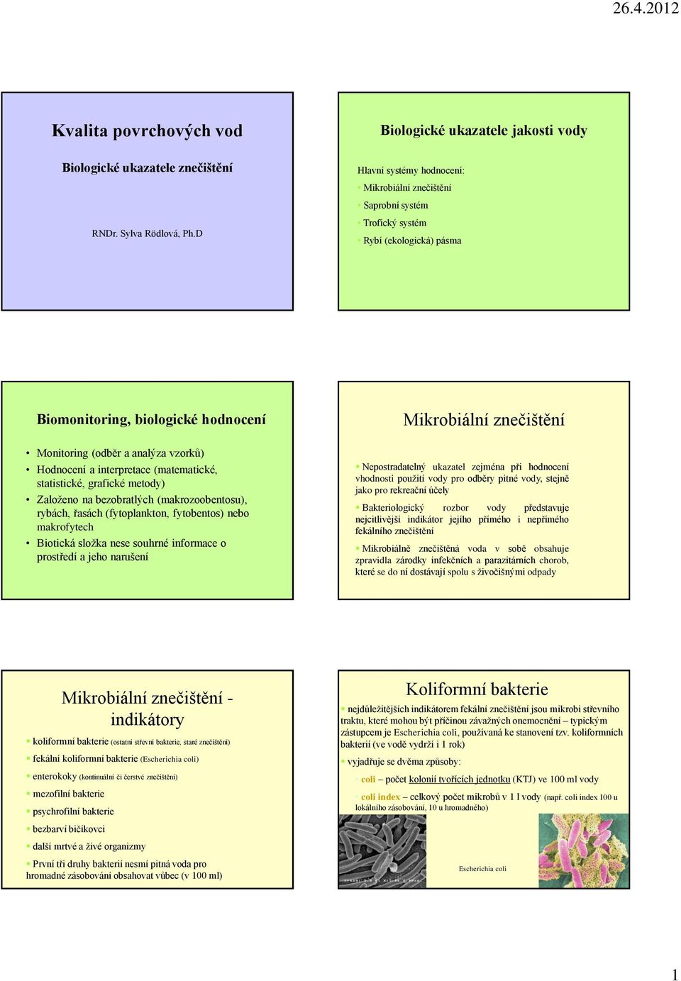 interpretace (matematické, statistické, grafické metody) Založeno na bezobratlých (makrozoobentosu), rybách, řasách (fytoplankton, fytobentos) nebo makrofytech Biotická složka nese souhrné informace