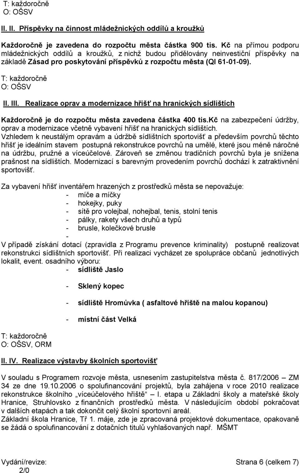 T: kaţdoročně O: OŠSV II. III. Realizace oprav a modernizace hřišť na hranických sídlištích Kaţdoročně je do rozpočtu města zavedena částka 400 tis.