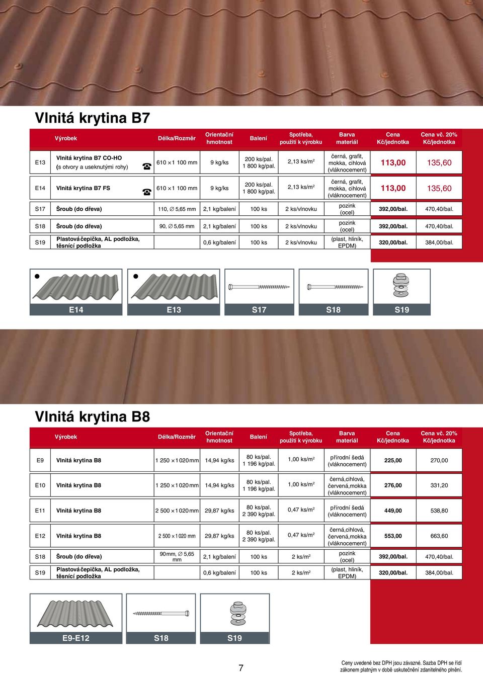 S17 Šroub (do dřeva) 110, 5,65 mm 2,1 kg/balení 100 ks 2 ks/vlnovku S18 Šroub (do dřeva) 90, 5,65 mm 2,1 kg/balení 100 ks 2 ks/vlnovku S19 Plastová čepička, AL podložka, těsnící podložka 0,6