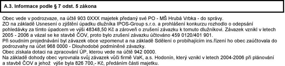 Při soudním projednávání byl závazek obce vzpomenut a na základě Sdělení o probíhajícím ins.řízení ho obec zaúčtovala do podrozvahy na účet 968 0000 - Dlouhodobé podmíněné závazky.